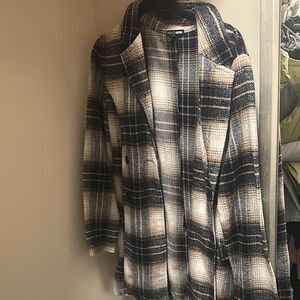 Fashion Nova Plaid Trench Coat - Blue and Cream